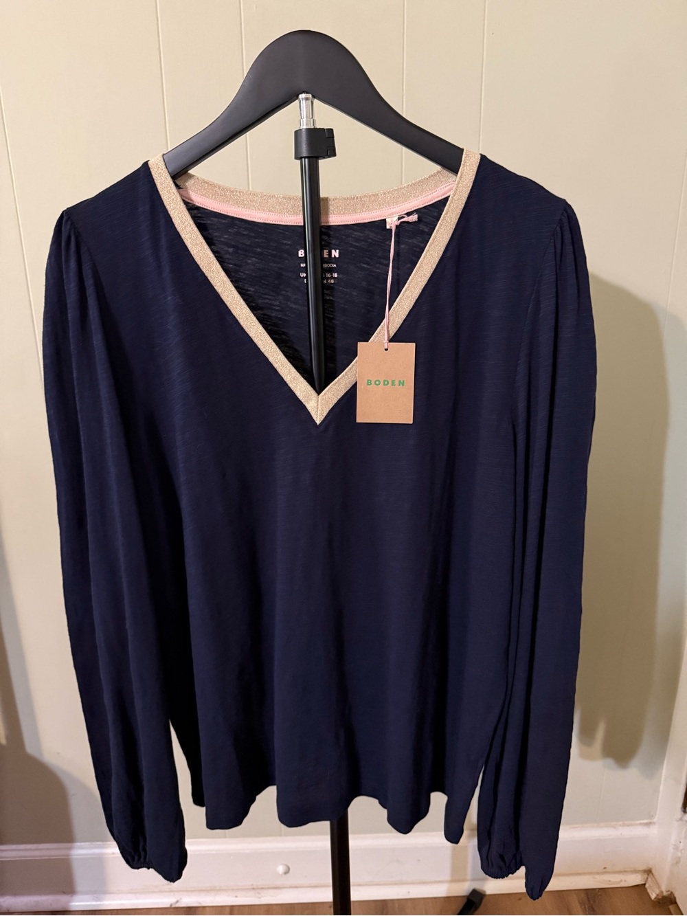 Boden Women's Navy V-Neck Long Sleeve Top with Gold Trim. 100% cotton.